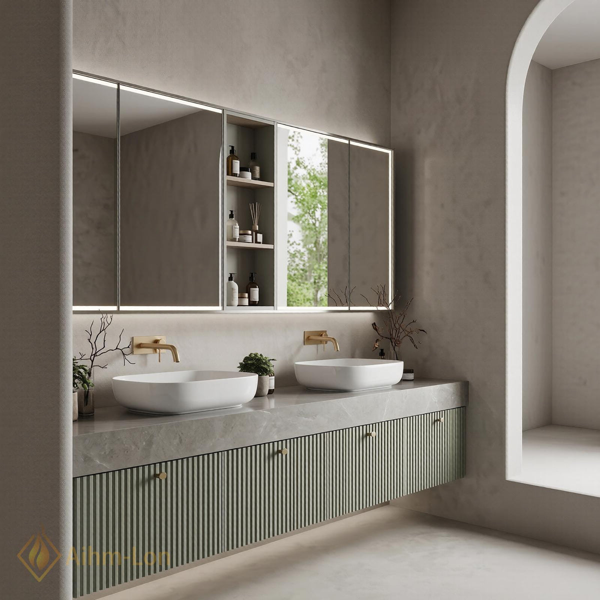 60''-96'' Double Bathroom Vanity with Sink Floating Ribbed Doors Sage Green Finish