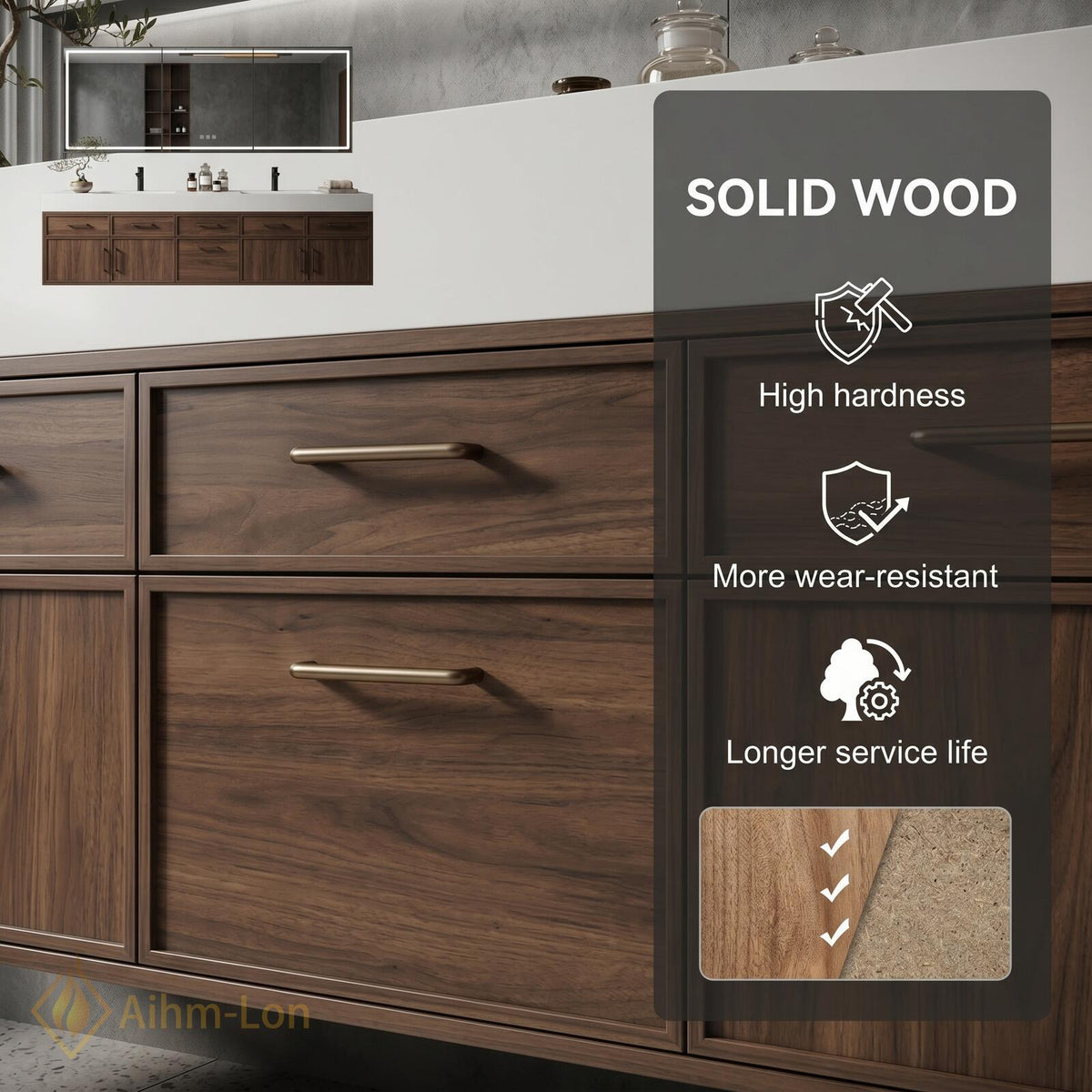 60''-96'' Double Bathroom Vanity with Sink Dark Walnut Finish Floating Modern Slatted