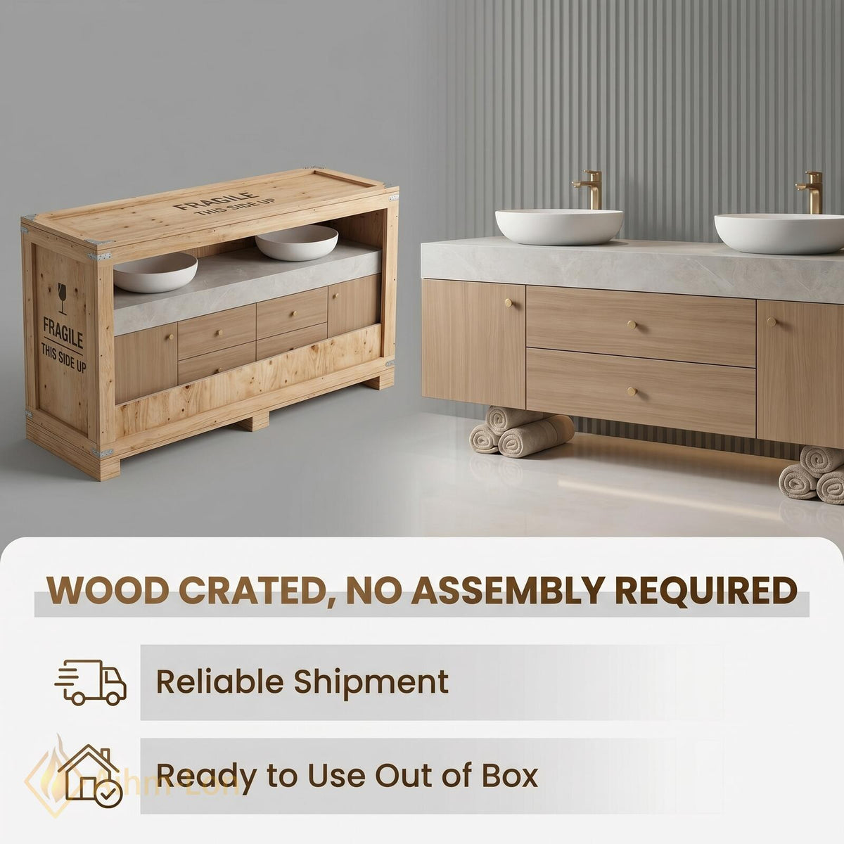 60''-96'' Double Bathroom Vanity with Sink Modern Floating Warm Wood Grain Cabinetry