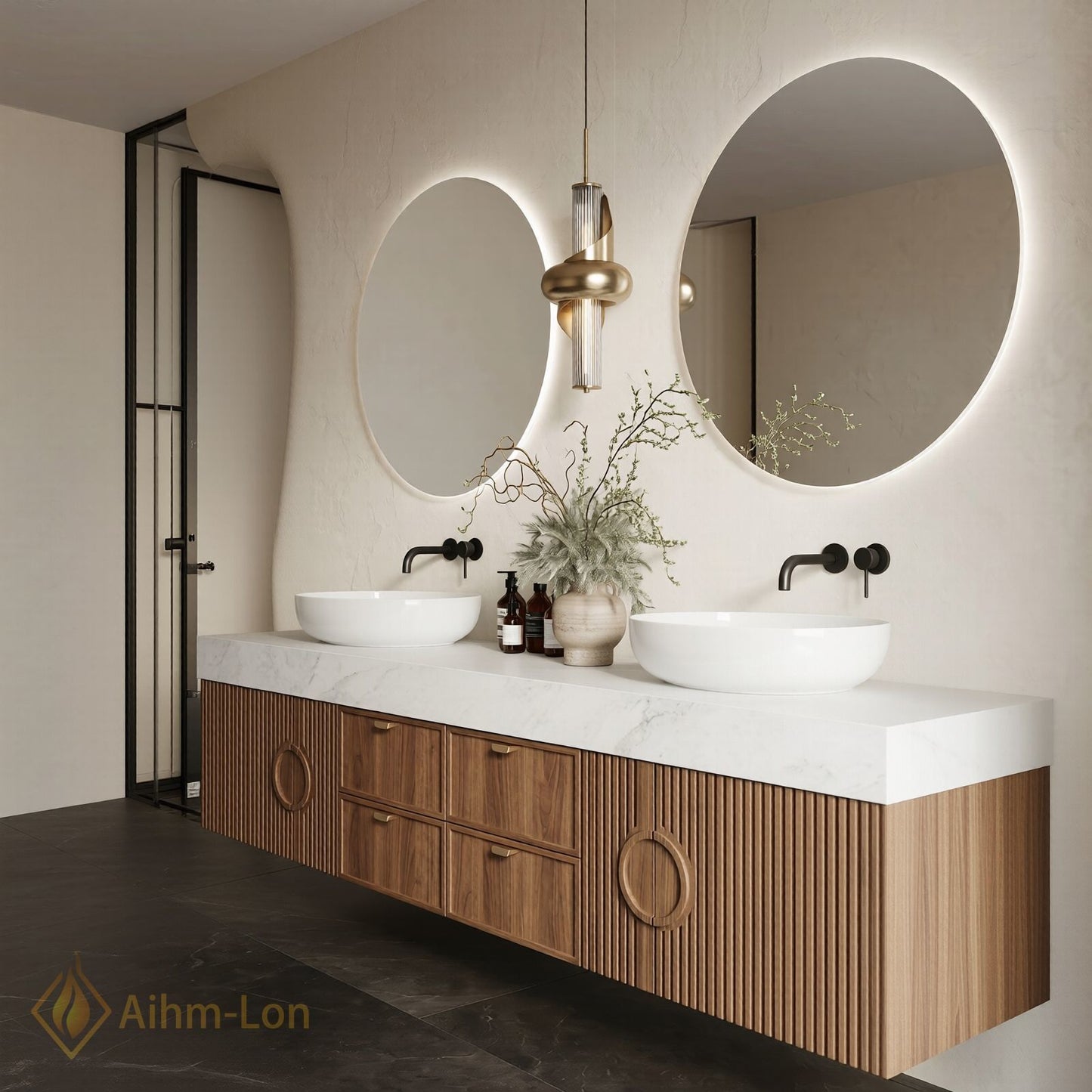 78''-96'' Double Bathroom Vanity with Sink White-Marble White Modern Vanities Grooved Wood
