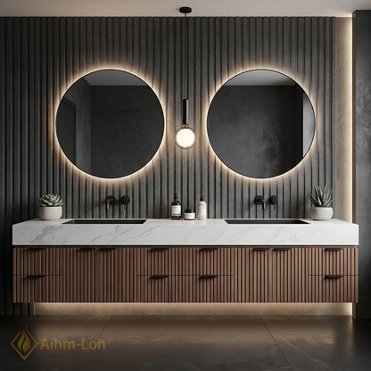 78''-96'' Double Bathroom Vanity with Sink Vertical Slat Front White Marble Top