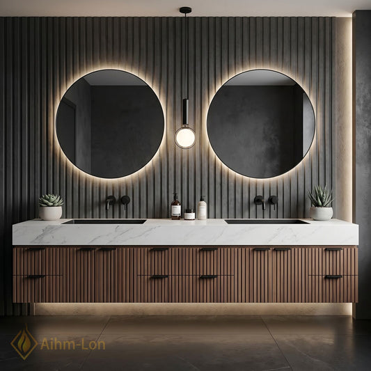 78''-96'' Double Bathroom Vanity with Sink Vertical Slat Front White Marble Top