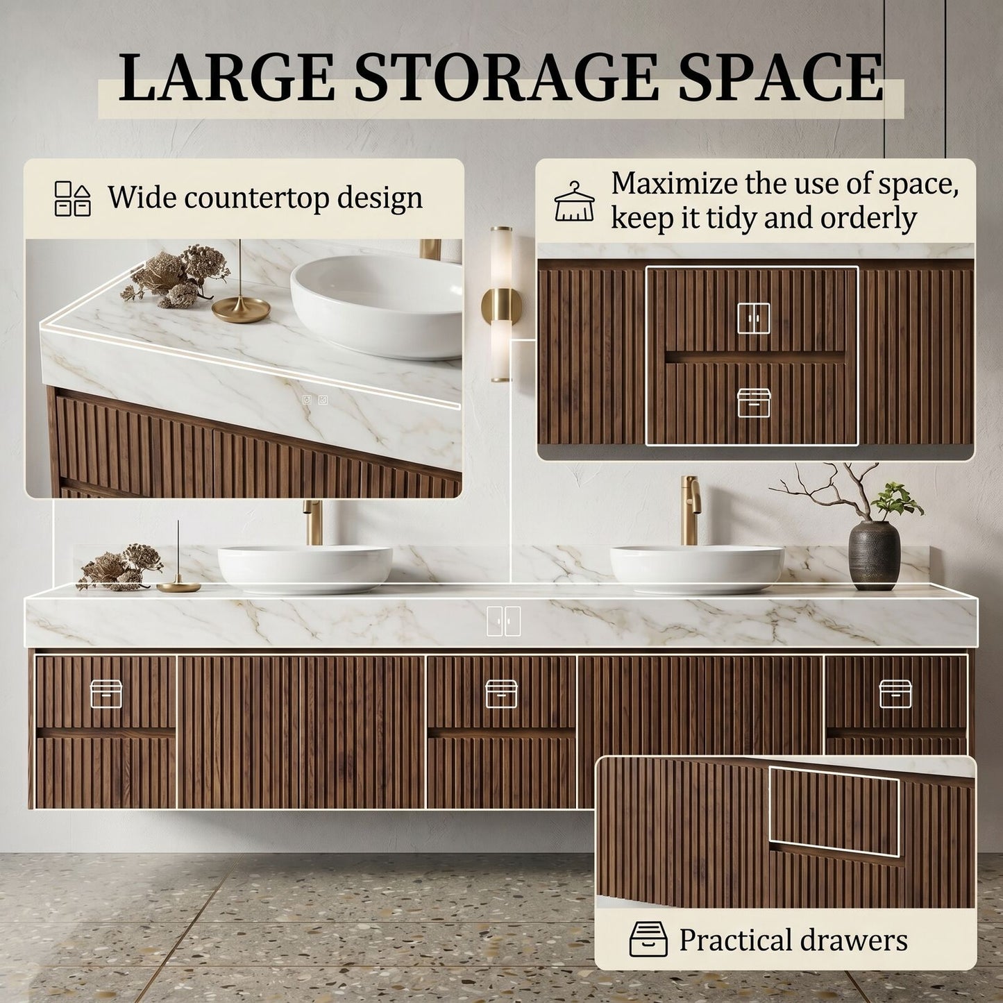 60''-96'' Modern Bathroom Vanity with Sink Double Sink Vertical Slatted Marble-look Drawers