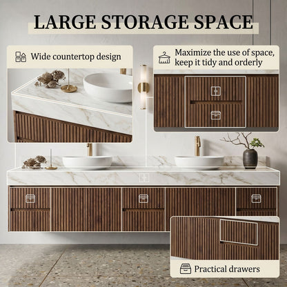 60''-96'' Modern Bathroom Vanity with Sink Double Sink Vertical Slatted Marble-look Drawers