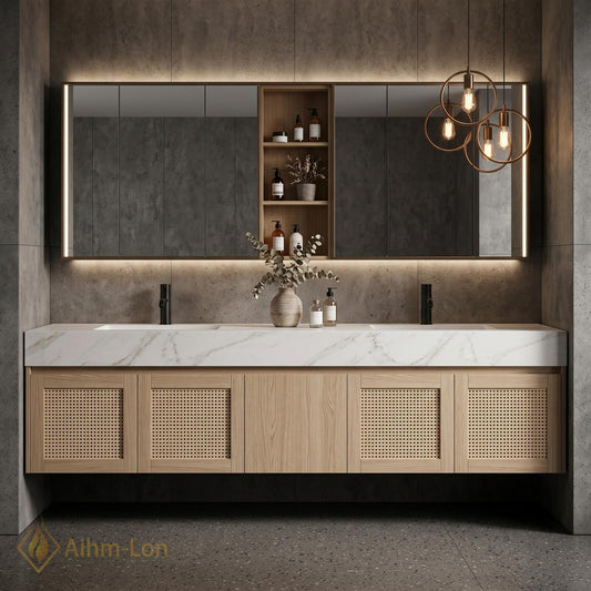 60''-96'' Double Bathroom Vanity with Sink Dark Walnut Grey Counter Slatted Shelving