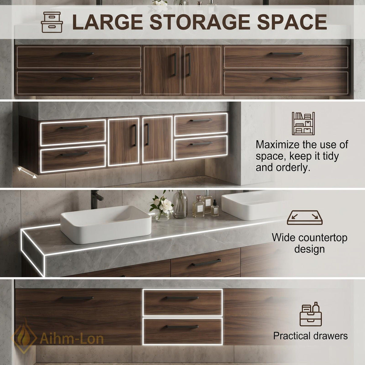 60''-96'' Double Bathroom Vanity with Sink Modern Floating Gray Stone Wood Cabinet