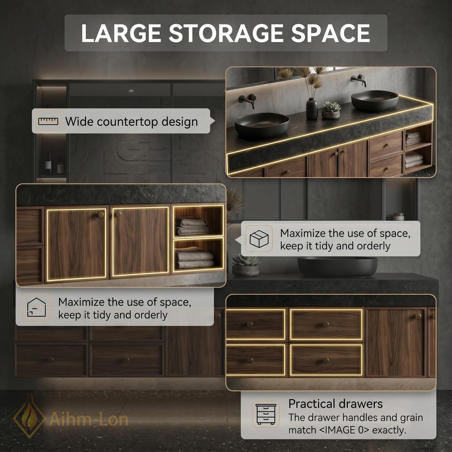 72''-96'' Double Bathroom Vanity with Sink Dark-Walnut Wood Modern Floating Stone