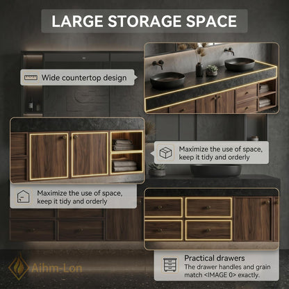72''-96'' Double Bathroom Vanity with Sink Dark-Walnut Wood Modern Floating Stone