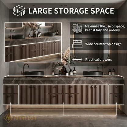 78''-96'' Double Bathroom Vanity with Sink Floating Vessel Dark Wood Slat Doors