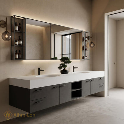 60''-96'' Double Bathroom Vanity with Sink Modern Floating Grey Stone Finish Open