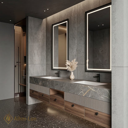 78''-96'' Double Bathroom Vanity with Sink Grey-Wood Modern Marble-Top Grain
