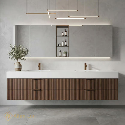 60''-96'' Double Bathroom Vanity with Sink Modern Slatted Wood Front White Solid Storage