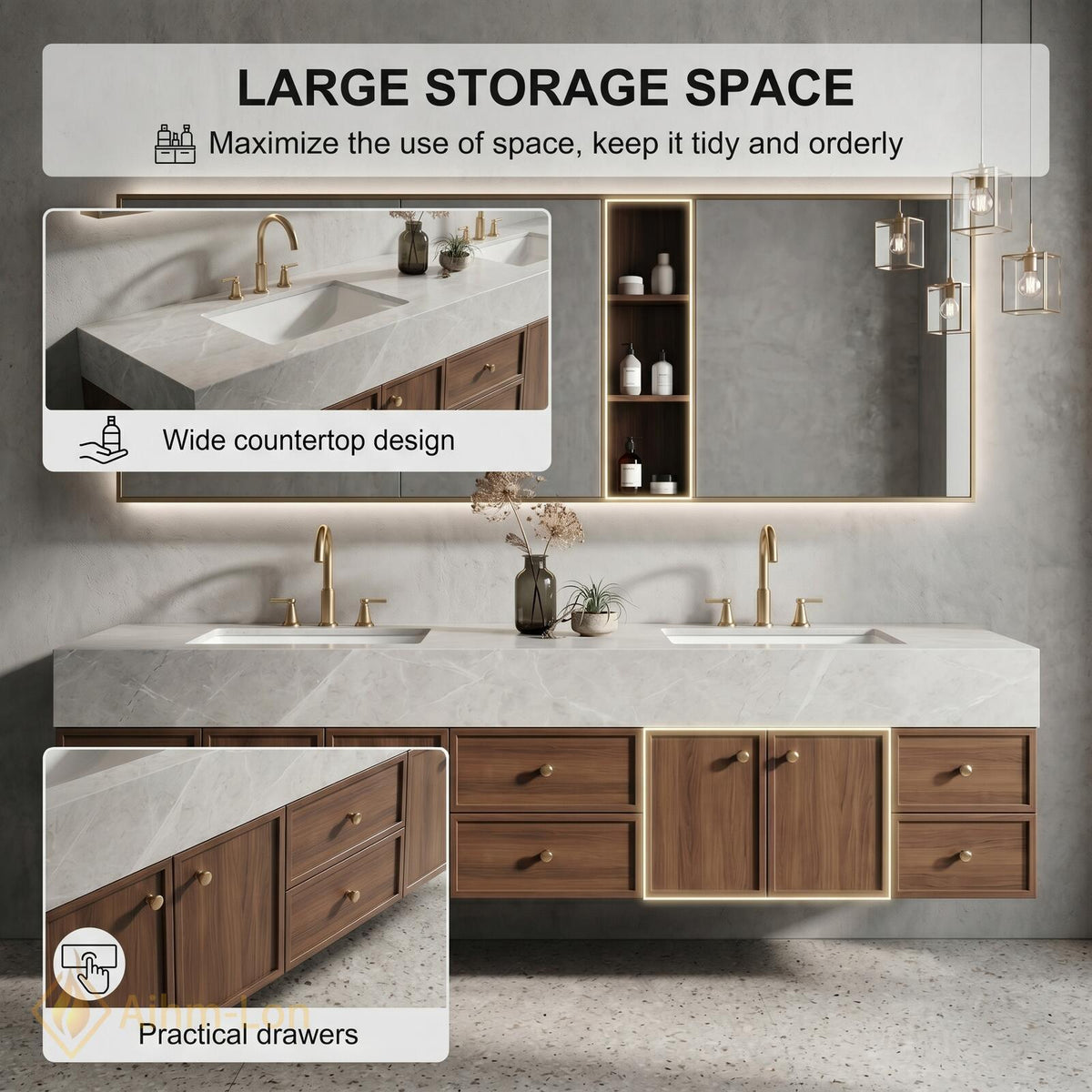 60''-96'' Double Bathroom Vanity with Sink Floating Warm Wood Finish Marble Top