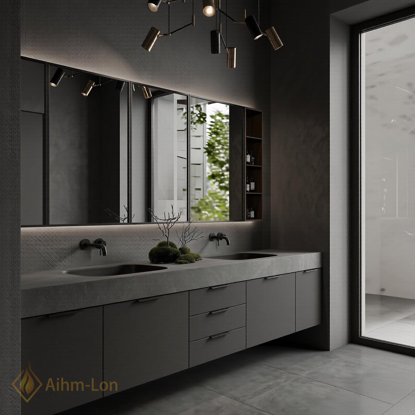 70''-96'' Modern Double Bathroom Vanity with Sink Floating Dark Matte Stone Top