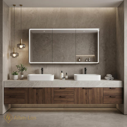 72''-96'' Double Bathroom Vanity with Sink Floating Double Dark Wood Finish Featuring