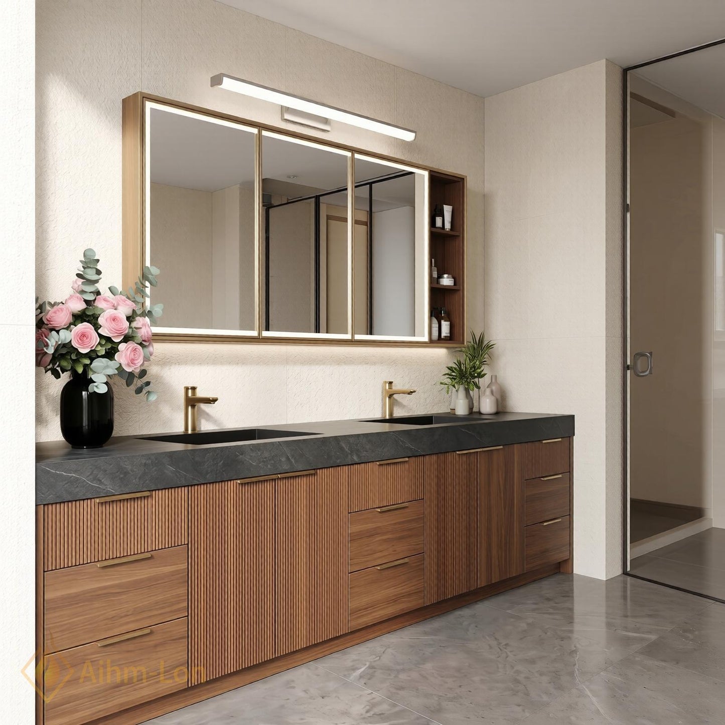 78''-96'' Double Bathroom Vanity with Sink Modern Floating Dark Walnut Slatted Panels