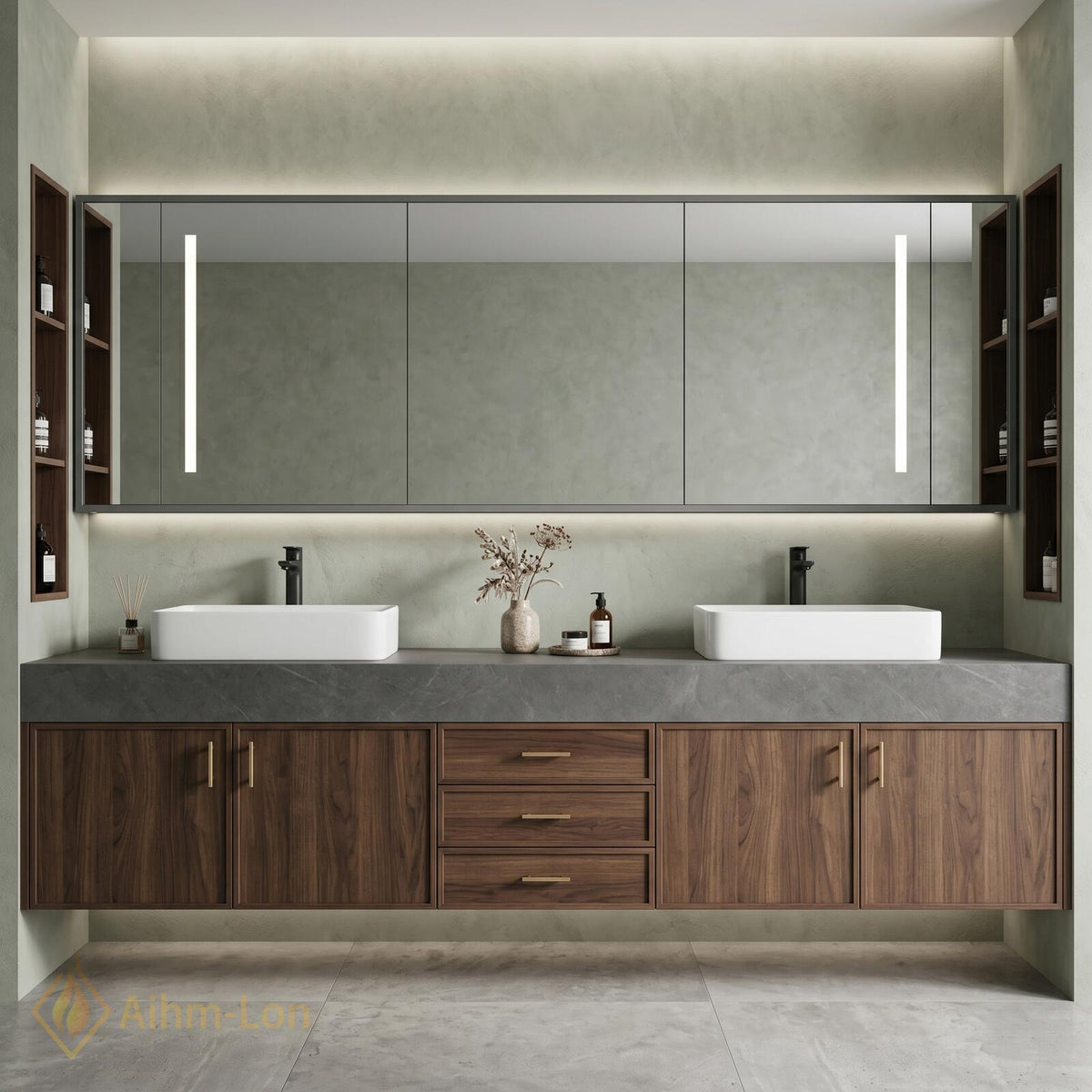 60''-96'' Double Bathroom Vanity with Sink Modern Floating Dark Walnut Slatted Panel