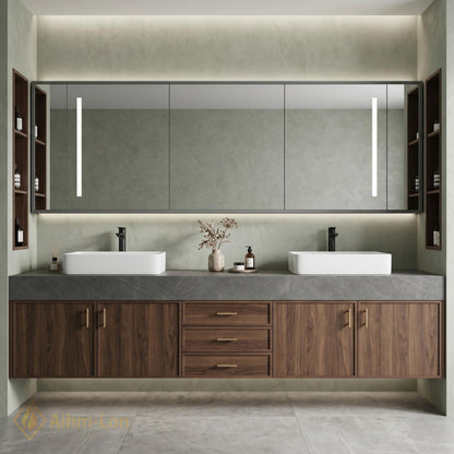 60''-96'' Double Bathroom Vanity with Sink Modern Floating Dark Walnut Slatted Panel