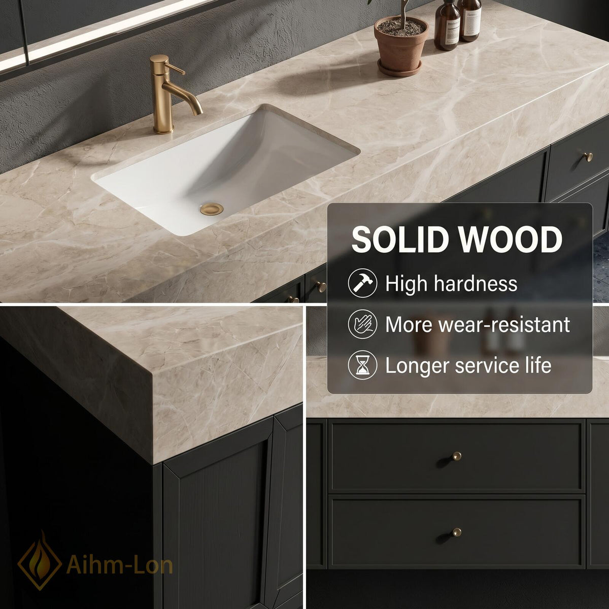 60''-96'' Double Bathroom Vanity with Sink Long Dark Matte Finish Stone Top