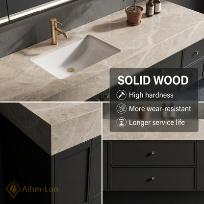 60''-96'' Double Bathroom Vanity with Sink Long Dark Matte Finish Stone Top