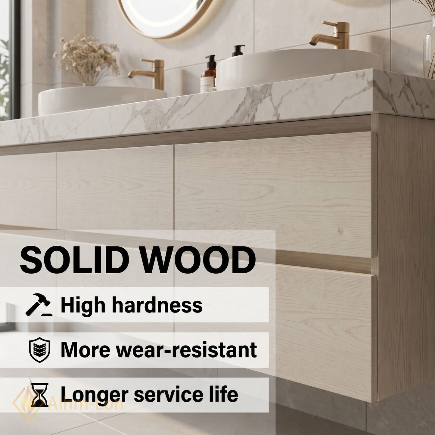 60''-96'' Modern Bathroom Vanity with Sink Floating White Marble Anti-Fog Light Drawers