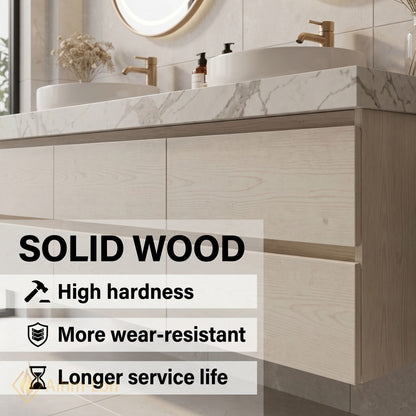60''-96'' Modern Bathroom Vanity with Sink Floating White Marble Anti-Fog Light Drawers