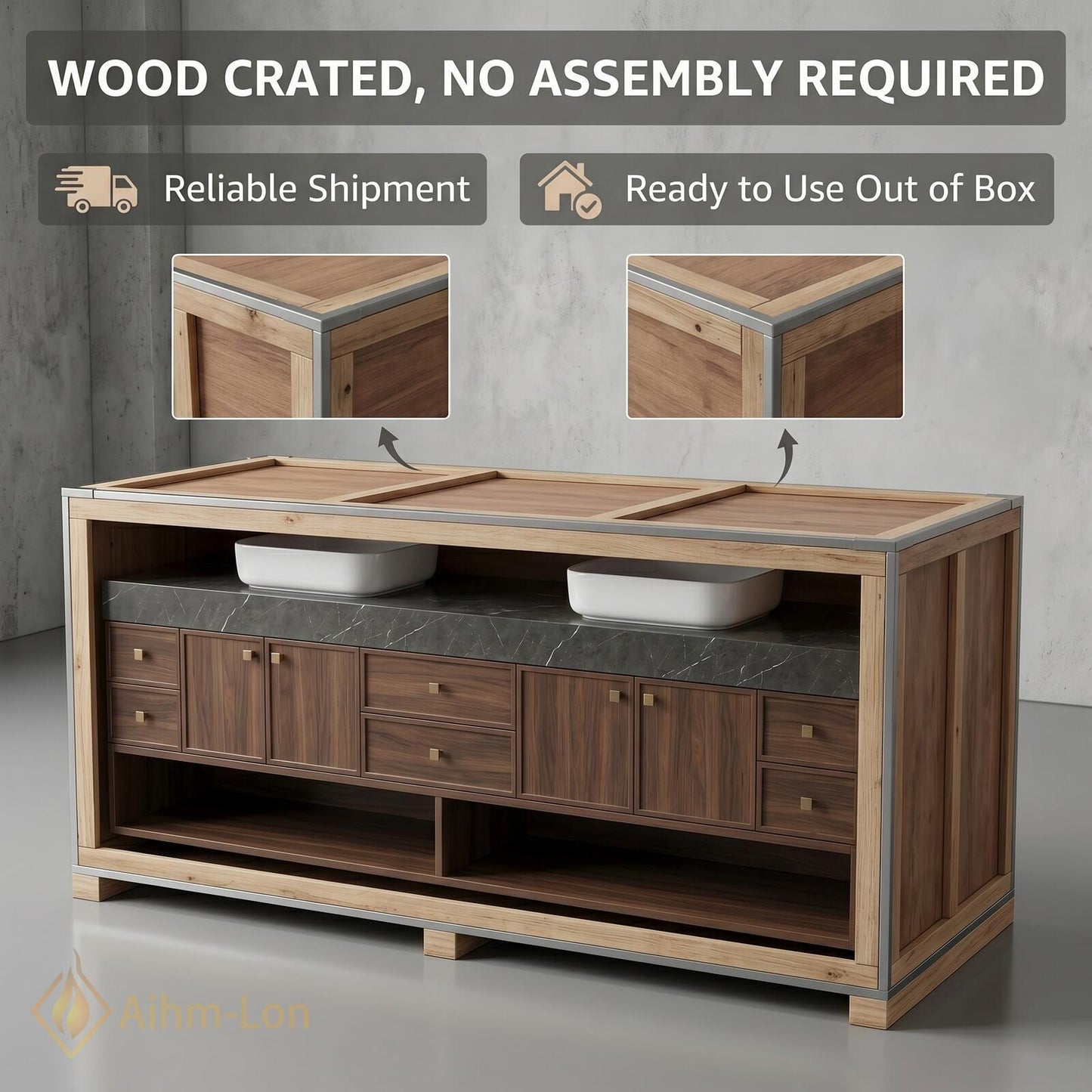 70''-96'' Bathroom Vanity with Sink Modern Floating Dark Walnut Open Center Shelving
