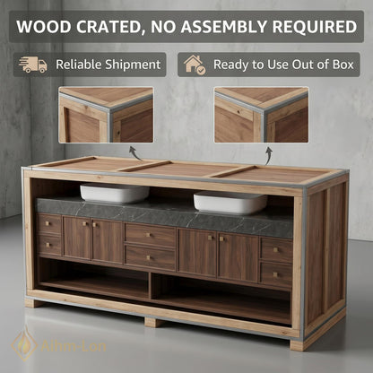 70''-96'' Bathroom Vanity with Sink Modern Floating Dark Walnut Open Center Shelving
