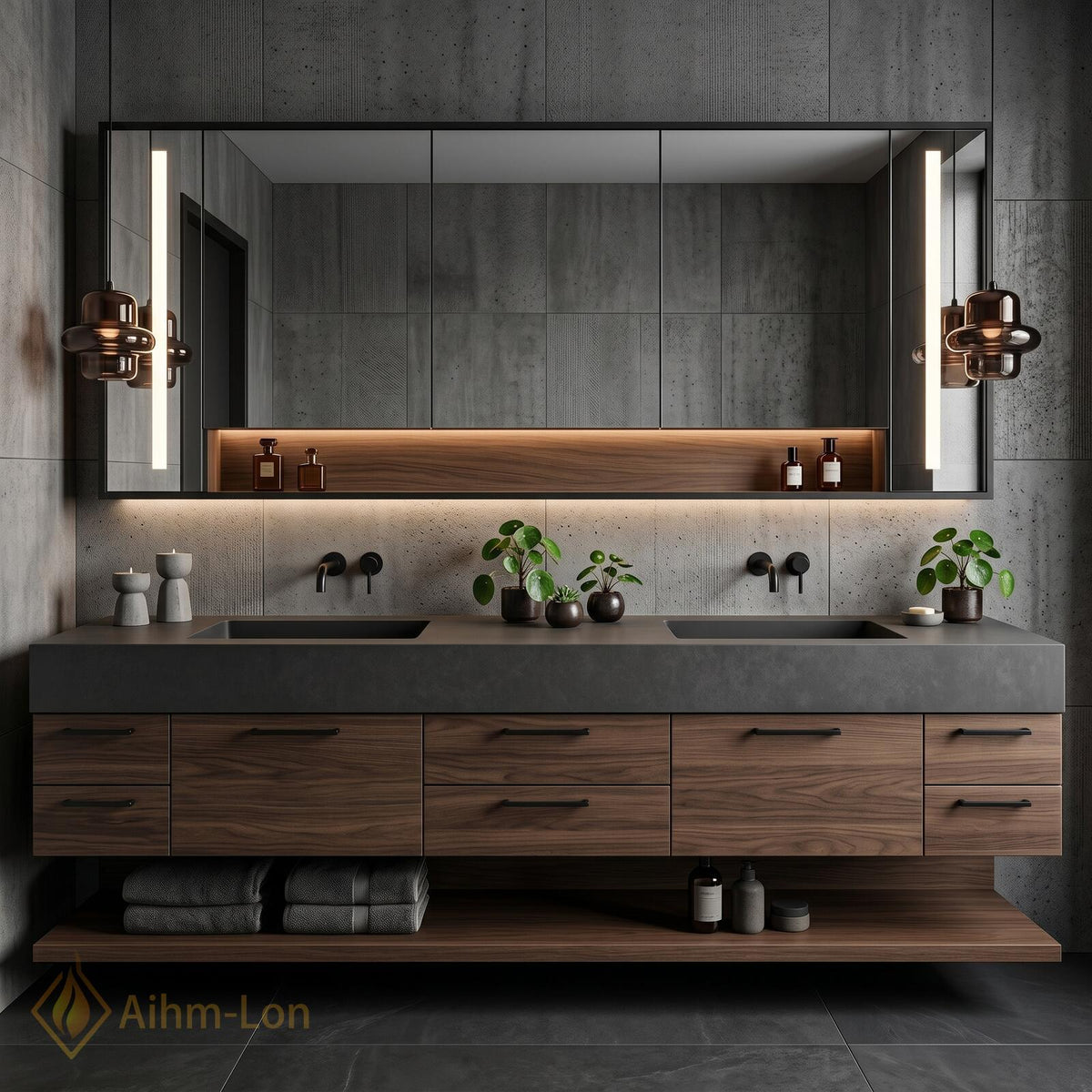 60''-96'' Warm Walnut Bathroom Vanity with Sink Deep Gray Stone Top Open Shelving