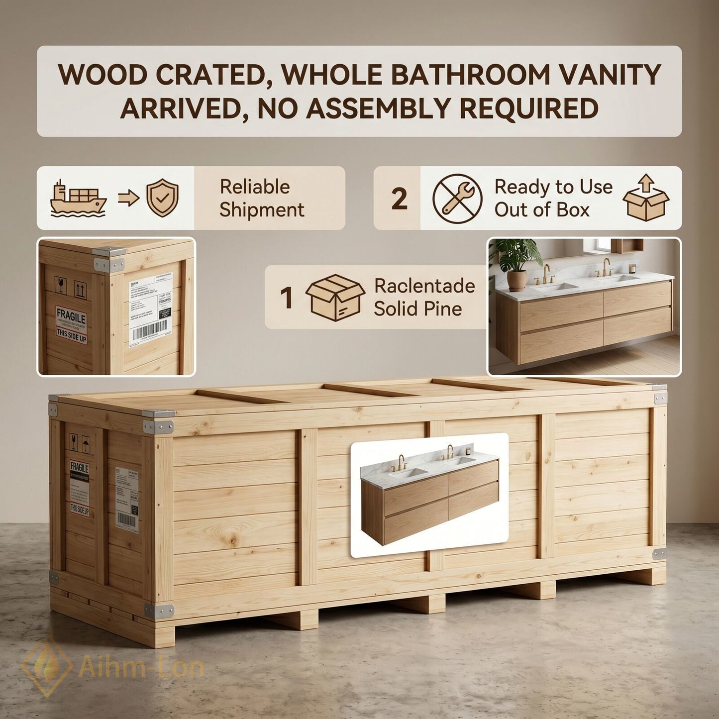 60''-96'' Modern Bathroom Vanity with Sink Floating Wood Marble Integrated Mirror Storage
