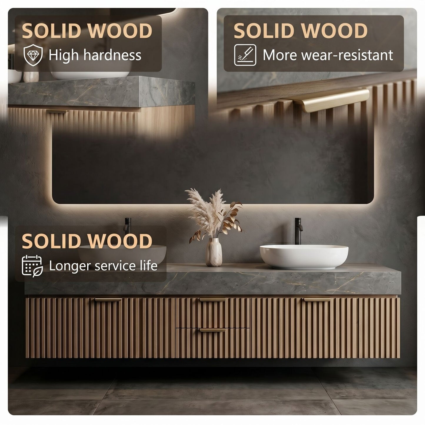 60''-96'' Modern Bathroom Vanity with Sink Double Sink Grey Marble Wooden Slatted Drawers