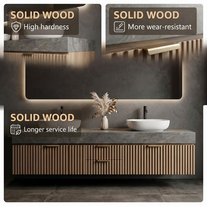 60''-96'' Modern Bathroom Vanity with Sink Double Sink Grey Marble Wooden Slatted Drawers