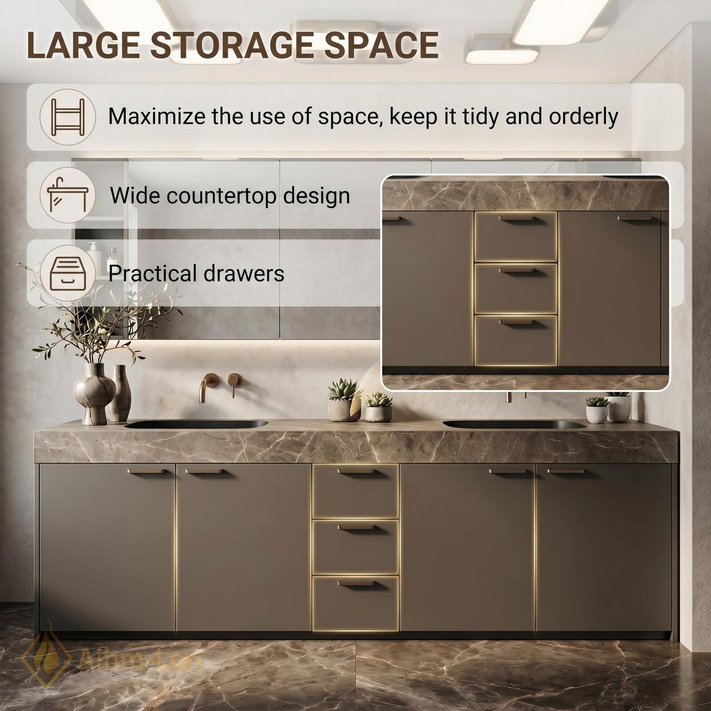 60''-96'' Modern Bathroom Vanity with Sink Flat-Panel Stone Textured Drawers Cabinet