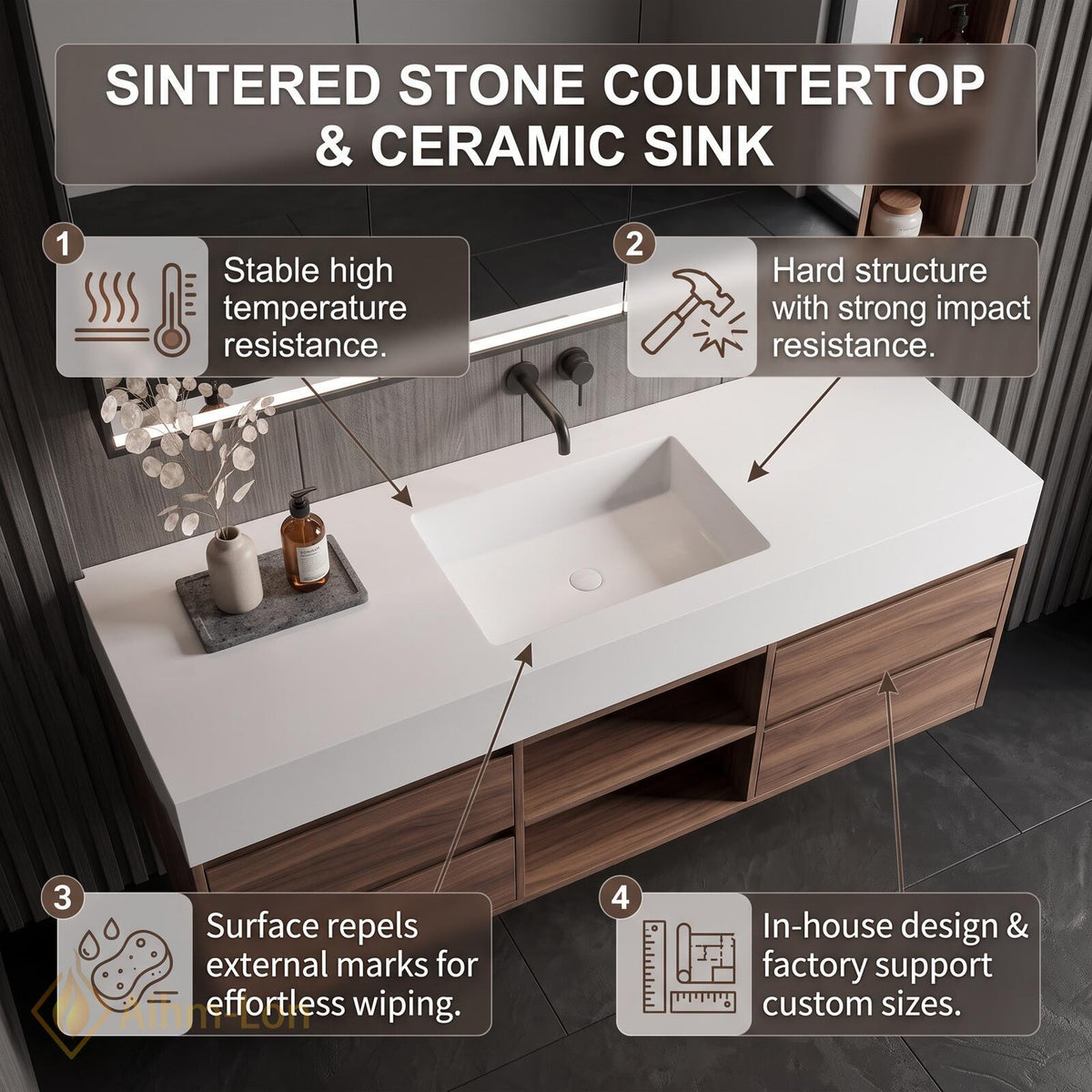 36''-110'' Bathroom Vanity with Sink Floating Streamlined Drawers Dark Wood Finish