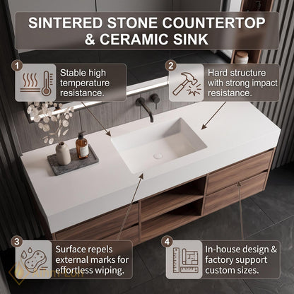36''-110'' Bathroom Vanity with Sink Floating Streamlined Drawers Dark Wood Finish