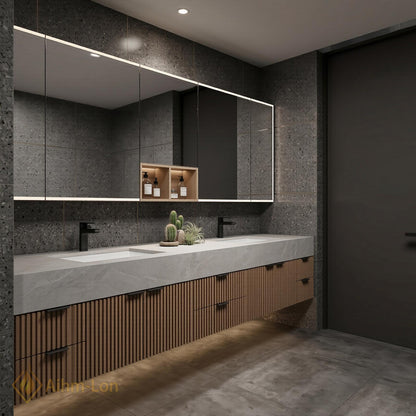 78''-96'' Modern Double Bathroom Vanity with Sink Floating Dark Wood Marble-Like Stone