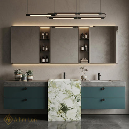 60''-96'' Double Bathroom Vanity with Sink Marble Slab Divider Floating Teal Drawers