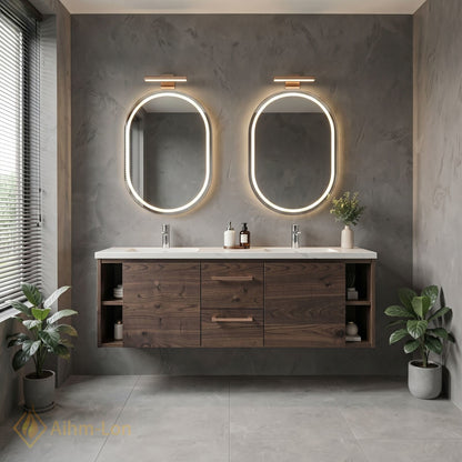 60''-96'' Modern Bathroom Vanity with Sink Floating Warm Woodgrain LED Oval Mirrors