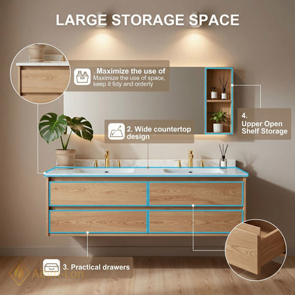 60''-96'' Modern Bathroom Vanity with Sink Floating Marble Wooden Frame Anti-Fog Mirror