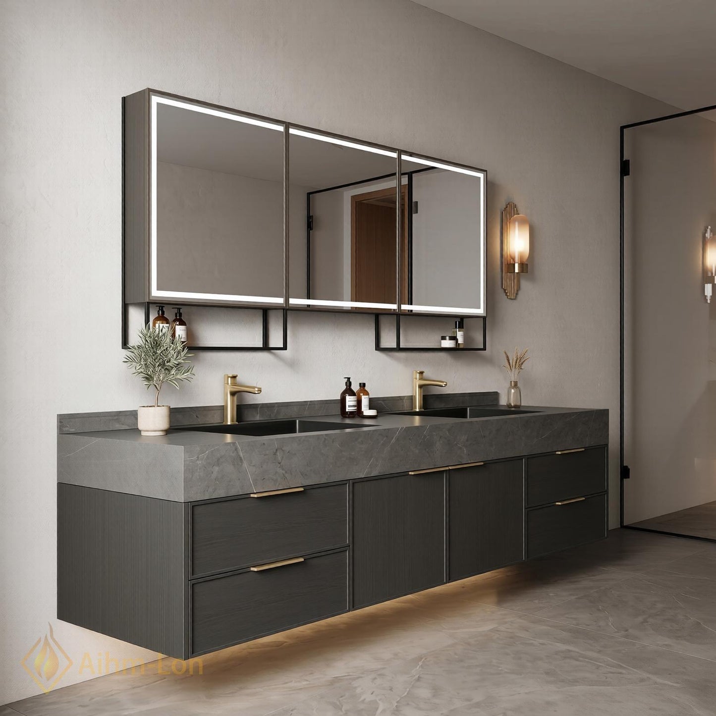 60''-96'' Double Bathroom Vanity with Sink Floating Dark Stone Countertop Wood Grain