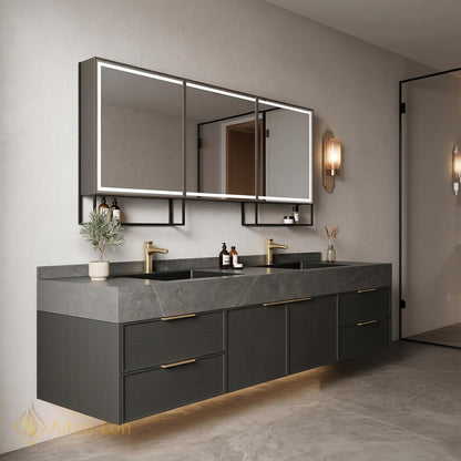 60''-96'' Double Bathroom Vanity with Sink Floating Dark Stone Countertop Wood Grain