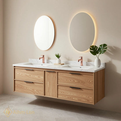 60''-96'' Modern Bathroom Vanity with Sink Floating Oak Marble Oval LED Mirror