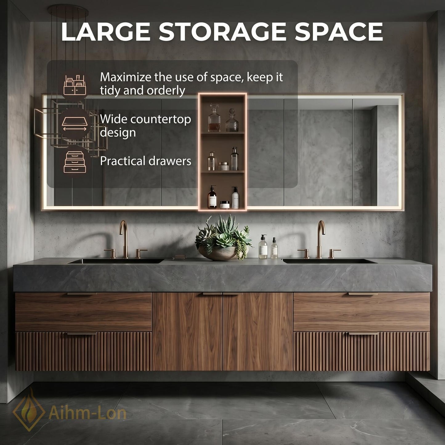 60''-96'' Double Bathroom Vanity with Sink Dark-Walnut Floating Basin Slatted-Panel