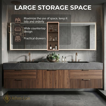 60''-96'' Double Bathroom Vanity with Sink Dark-Walnut Floating Basin Slatted-Panel