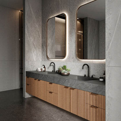 72''-96'' Double Bathroom Vanity with Sink Vertical Slatted Dark Stone Texture Large Drawers