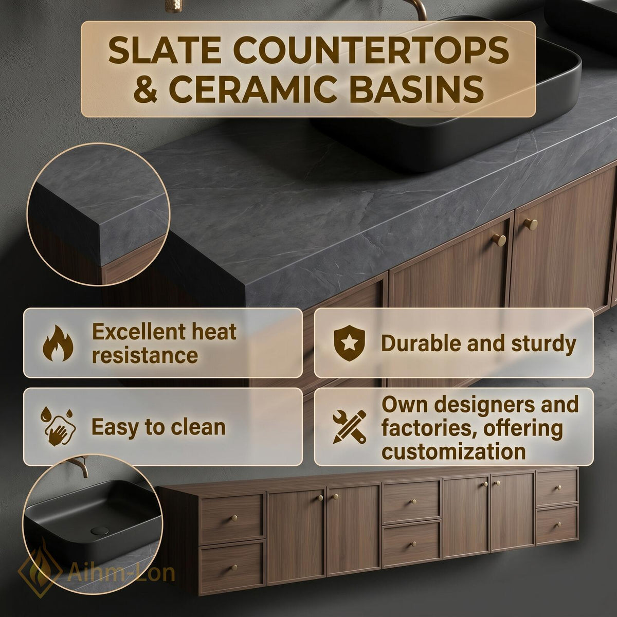 60''-96'' Double Bathroom Vanity with Sink Modern Dark Walnut Finish Mirror Storage