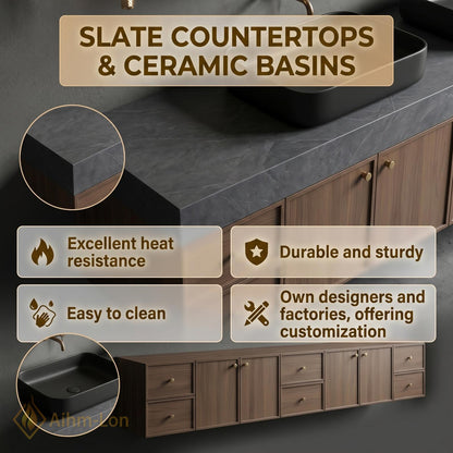 60''-96'' Double Bathroom Vanity with Sink Modern Dark Walnut Finish Mirror Storage