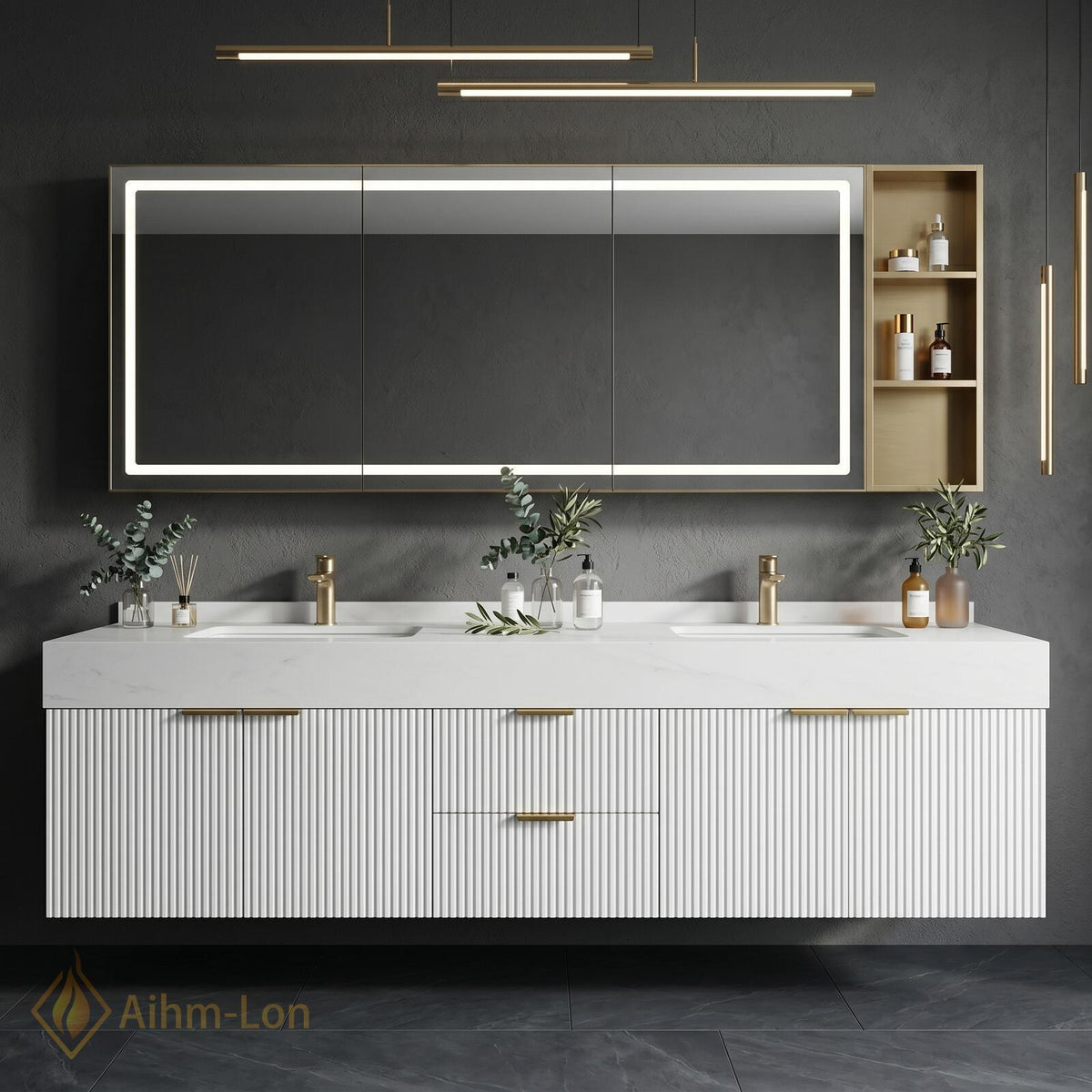60''-96'' Double Bathroom Vanity with Sink Sleek Floating Ribbed Doors Stone-Effect Top
