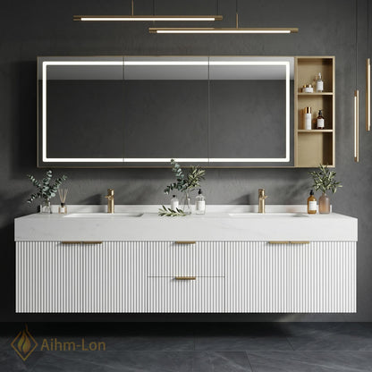 60''-96'' Double Bathroom Vanity with Sink Sleek Floating Ribbed Doors Stone-Effect Top