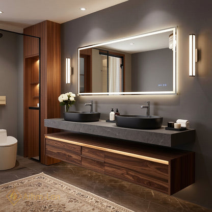 60''-96'' Double Bathroom Vanity with Sink Floating Cabinet Walnut Finish LED Mirror Spacious